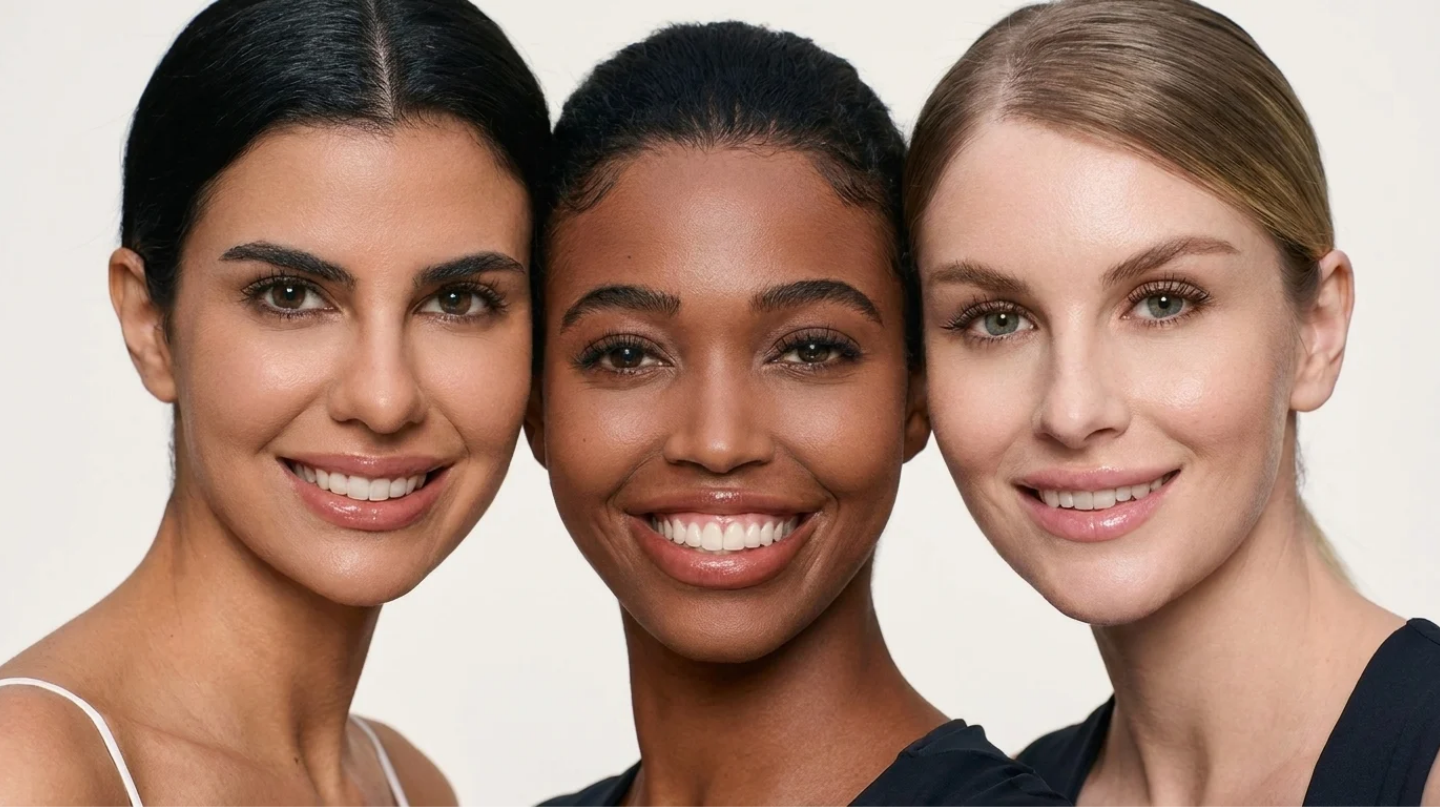 Trois femmes souriantes au teint lumineux et aux cils effet extension