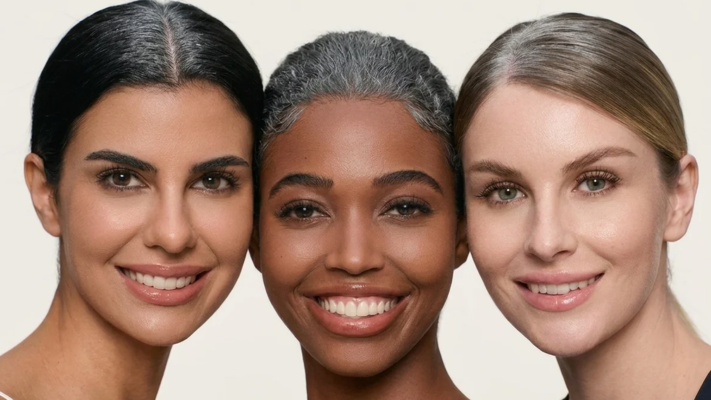 Trois femmes souriantes au teint lumineux et aux cils effet extension